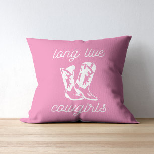 Long Live Cowgirls   Retro Pink Cowgirl Boots  Throw Pillow