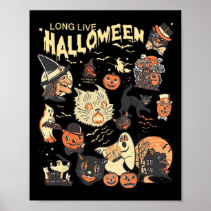 Long Live Halloween Vintage Pumpkin Witch Ghost Bl Poster