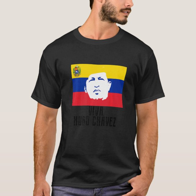 Long Live Hugo Chávez  Face On Flag T-Shirt (Front)
