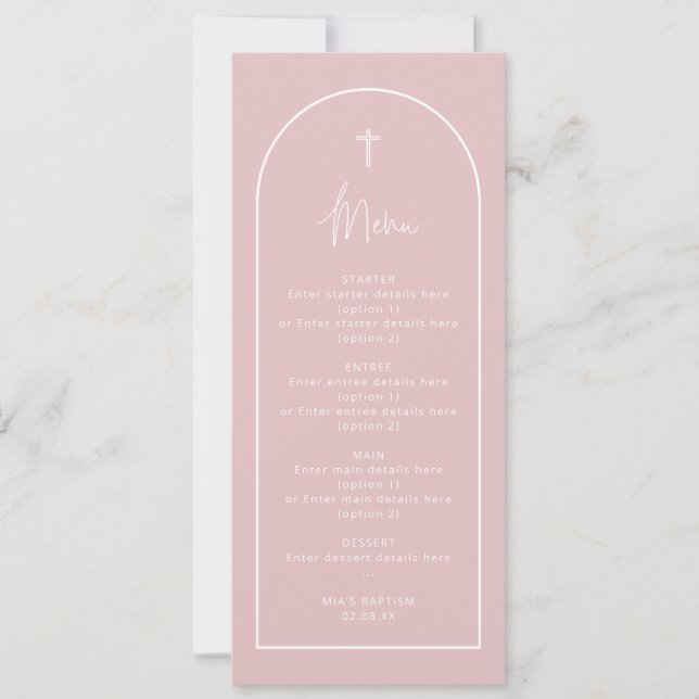 Long Pastel Baby Pink Arch Cross Baptism Menu Card (Front)