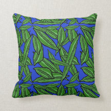 Long Seed Pods Green on Ultramarine Throw Pillow