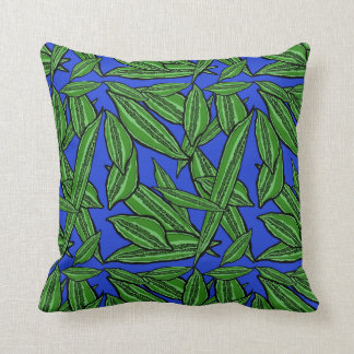 Long Seed Pods Green on Ultramarine Throw Pillow