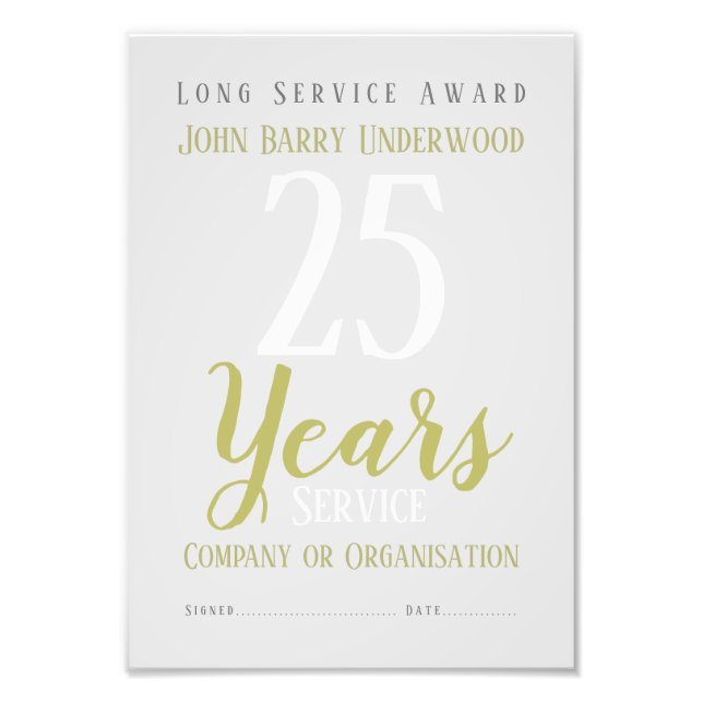 Long Service Award Certificate Photo Print (Front)