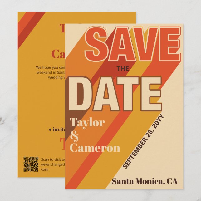 Long Shadow Groovy Orange and Brown Wedding Save The Date (Front/Back)