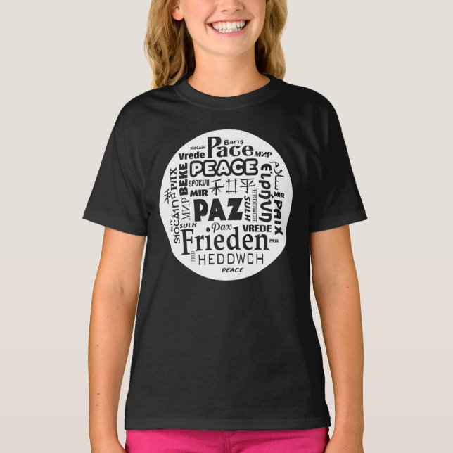 Long sleeve T shirt white peace in multi languages (Front)