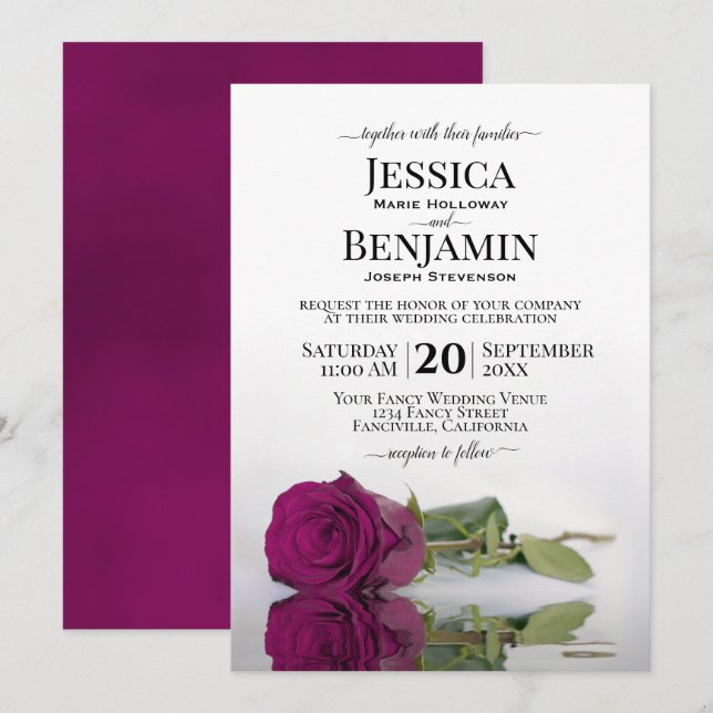 Long-Stemmed Cassis Purple Rose Elegant Wedding Invitation (Front/Back)