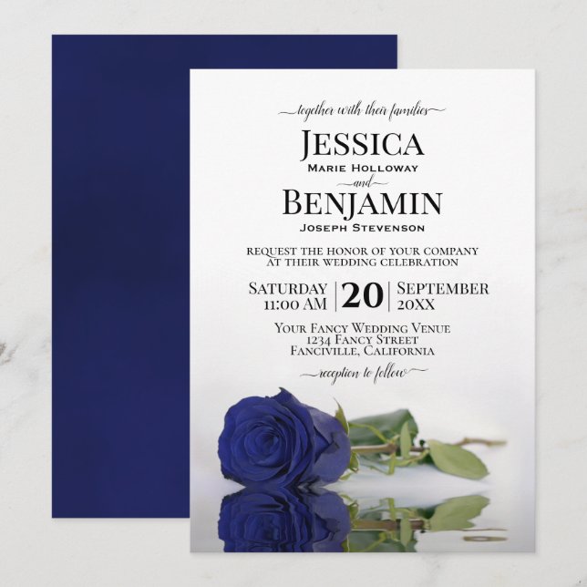 Long-Stemmed Dark Navy Blue Rose Elegant Wedding Invitation (Front/Back)