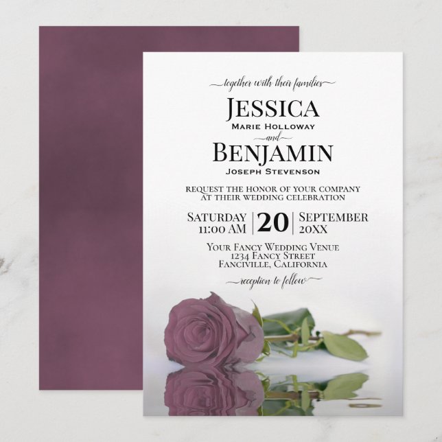 Long-Stemmed Dusty Mauve Rose Elegant Wedding Invitation (Front/Back)
