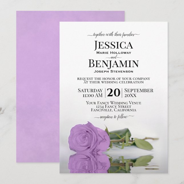 Long-Stemmed Lilac Purple Rose Elegant Wedding Invitation (Front/Back)