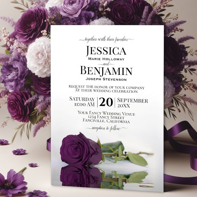 Long Stemmed Plum Purple Rose Elegant Chic Wedding Invitation (Creator Uploaded)