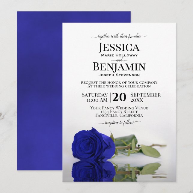 Long Stemmed Royal Blue Rose Elegant Wedding Invitation (Front/Back)