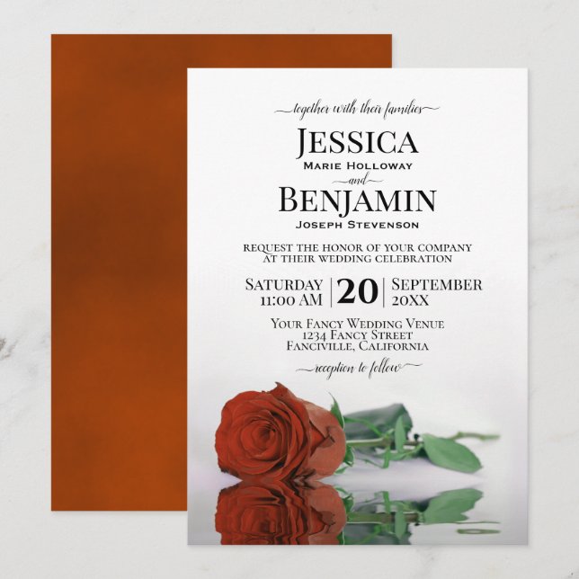 Long-Stemmed Rust Orange Rose Elegant Wedding Invitation (Front/Back)