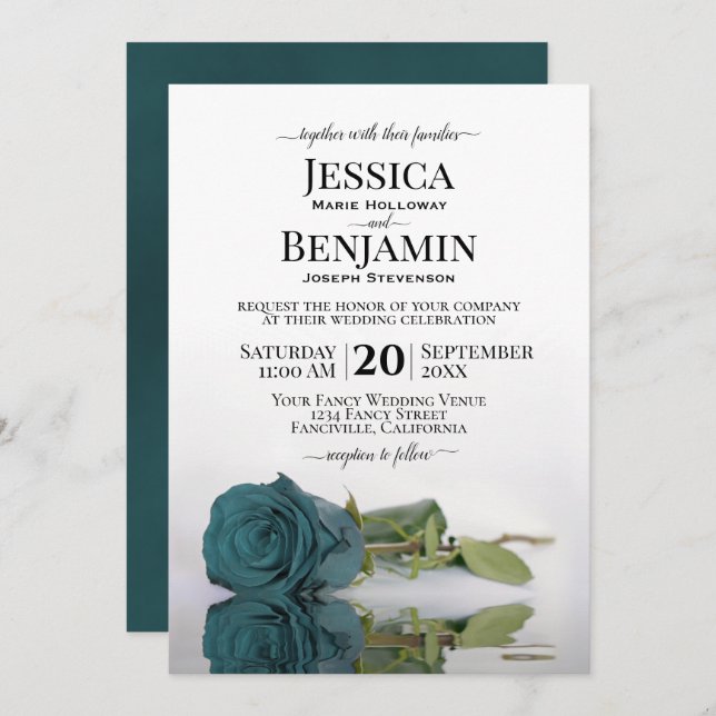 Long-Stemmed Teal Turquoise Rose Elegant Wedding Invitation (Front/Back)