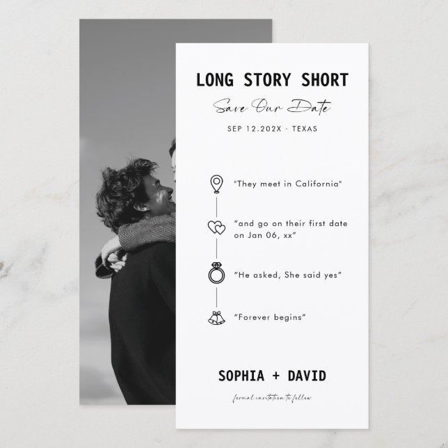 Long Story Short Minimalist Timeline Photo Wedding Save The Date (Front/Back)