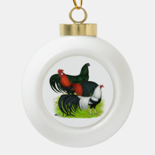 Long-tailed Rooster Trio Ceramic Ball Christmas Ornament