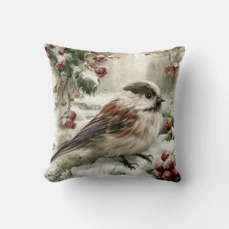 Long-tailed tit bird in snow throw pillow