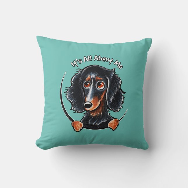 Longhair Dachshund Black Tan IAAM Teal Throw Pillow (Front)