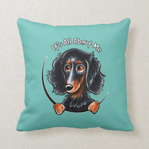 Longhair Dachshund Black Tan IAAM Teal Throw Pillow