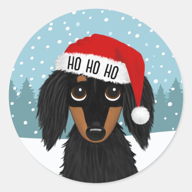 Longhaired Black and Tan Dachshund Santa Christmas Classic Round Sticker (Front)