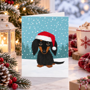 Longhaired Black and Tan Dachshund Santa Christmas Holiday Card
