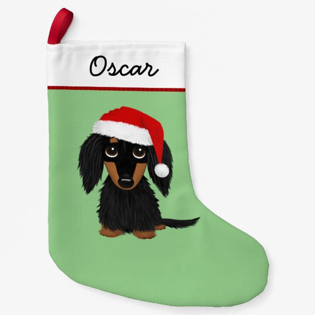 Longhaired Black and Tan Dachshund Santa Cute Small Christmas Stocking (Front)