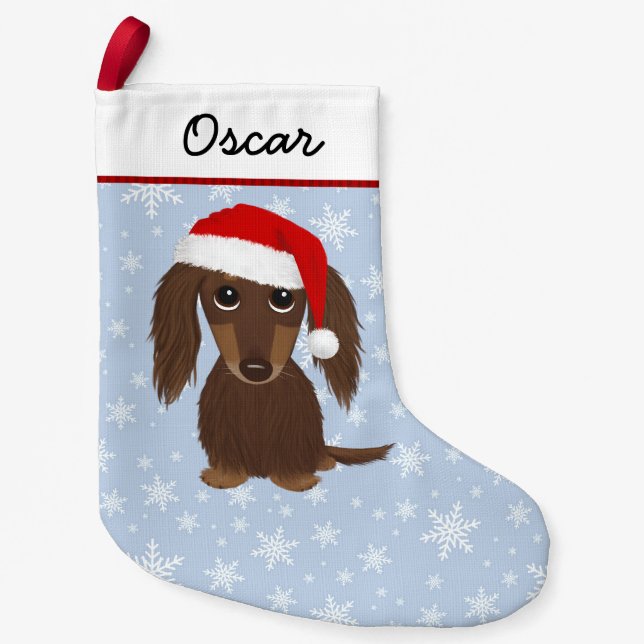 Longhaired Chocolate Dachshund Cute Wiener Dog Small Christmas Stocking (Front)