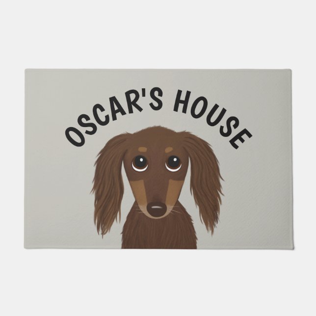 Longhaired Chocolate Dachshund Dog Personalized Doormat (Front)