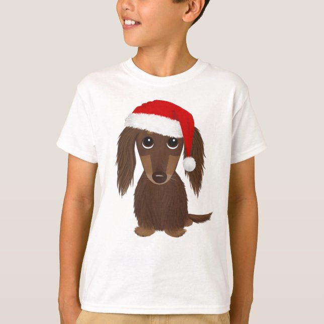 Longhaired Chocolate Dachshund Santa Christmas T-Shirt (Front)