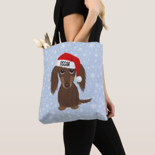 Longhaired Chocolate Dachshund Santa Custom Name Tote Bag