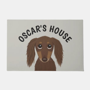 Longhaired Chocolate Dachshund with Custom Text Doormat
