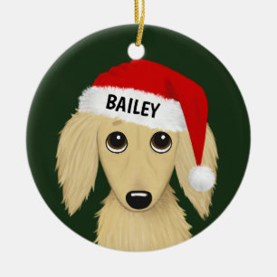 Longhaired Cream Dachshund Santa Dog Custom Ceramic Ornament