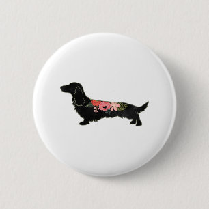 Longhaired Dachshund Bohemian Floral Silhouette 2 Inch Round Button