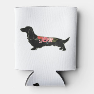 Longhaired Dachshund Bohemian Floral Silhouette Can Cooler