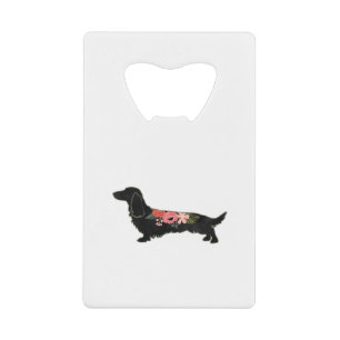 Longhaired Dachshund Bohemian Floral Silhouette Credit Card Bottle Opener