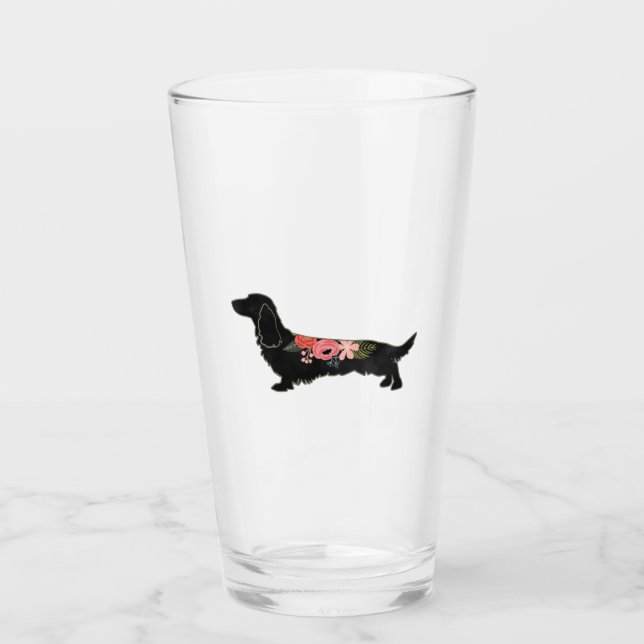 Longhaired Dachshund Bohemian Floral Silhouette Glass (Front)