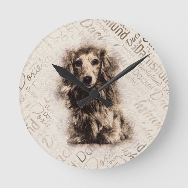 Longhaired Dachshund dog Round Clock (Front)