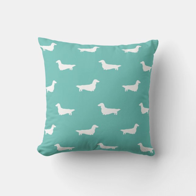 Longhaired Dachshund Dog Silhouettes Pattern Teal Throw Pillow (Front)