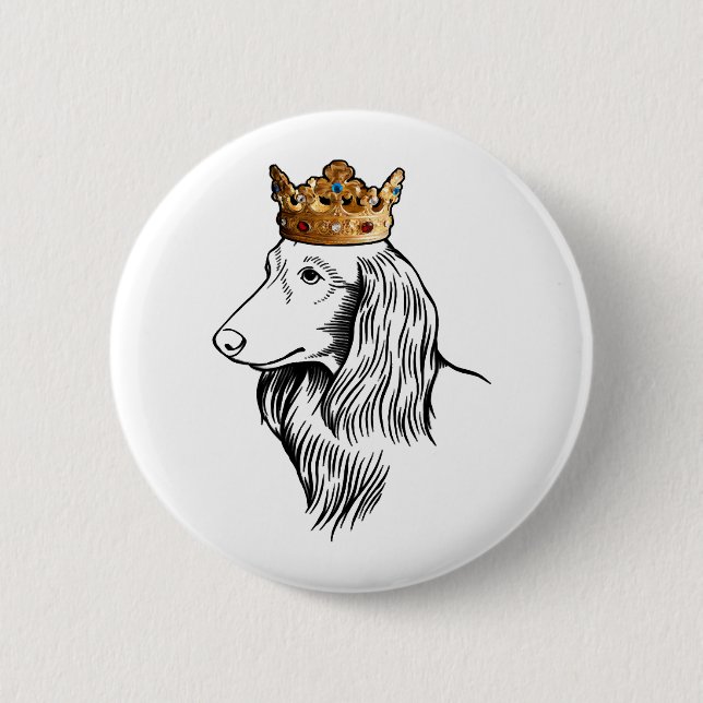 Longhaired Dachshund Dog Wearing Crown 2 Inch Round Button (Front)