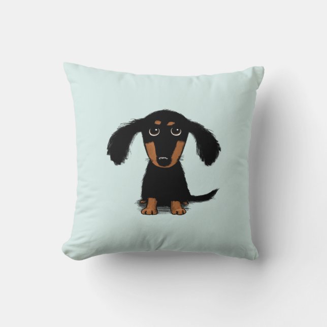 Longhaired Dachshund Puppy | Adorable Wiener Dog Throw Pillow (Front)