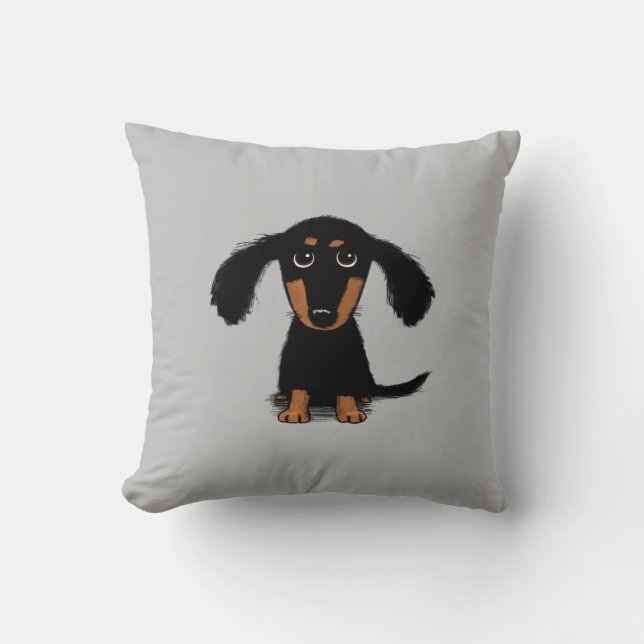 Longhaired Dachshund Puppy | Adorable Wiener Dog Throw Pillow (Front)