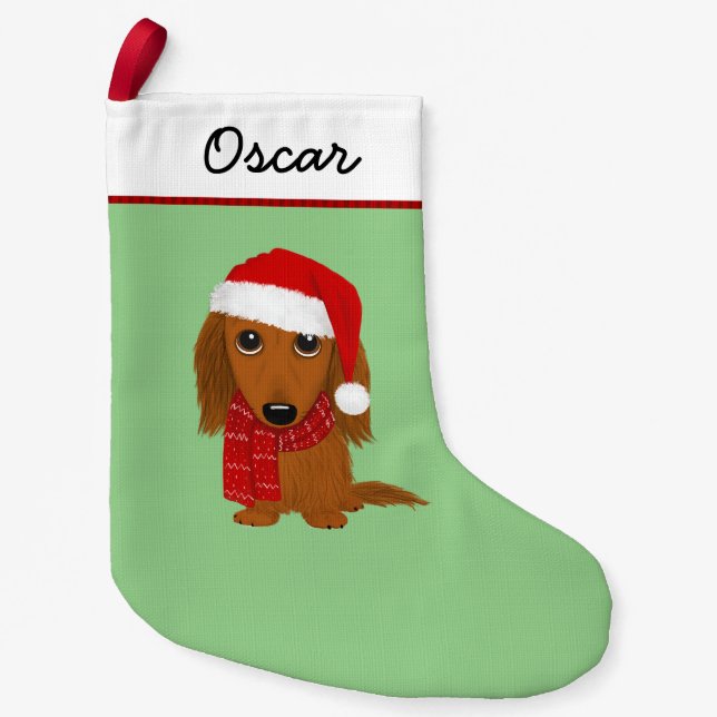 Longhaired Dachshund Santa Cute Wiener Dog Small Christmas Stocking (Front)