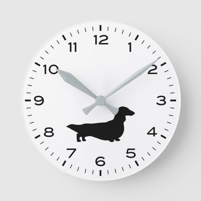 Longhaired Dachshund Silhouette Wiener Dog Round Clock (Front)