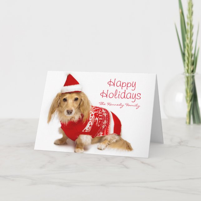 Longhaired dachshund wearing a red Christmas Holiday Card (Front)