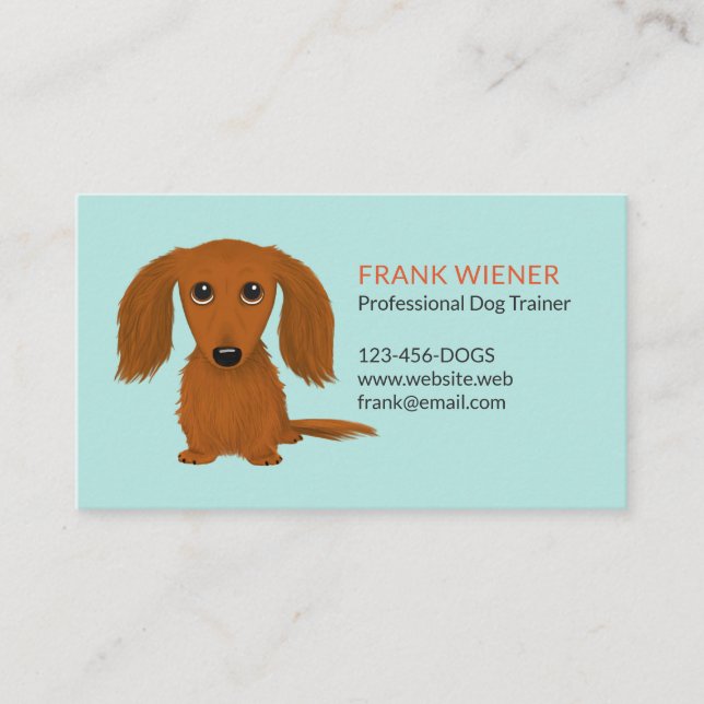 Longhaired Red Dachshund | Cute Doxie Cartoon Dog Business Card (Front)