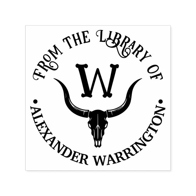 Longhorn Bull Cow Skull Library Book Name Initial  Self-inking Stamp (Design)