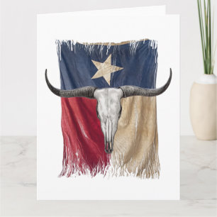 Longhorn Bull Skull Distressed Worn Texas Flag Card