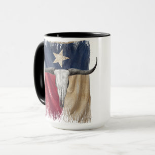 Longhorn Bull Skull on Distressed Texas Flag Mug