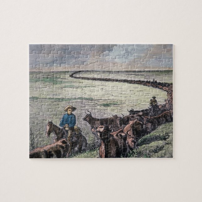 Longhorn cattle drive from Texas to Abilene, Kansa Jigsaw Puzzle (Horizontal)