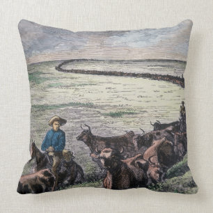 Longhorn cattle drive from Texas to Abilene, Kansa Throw Pillow