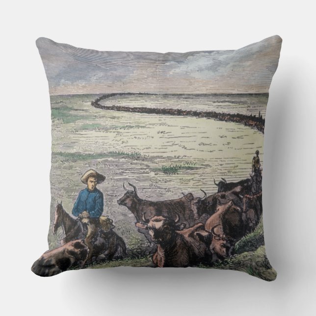 Longhorn cattle drive from Texas to Abilene, Kansa Throw Pillow (Front)